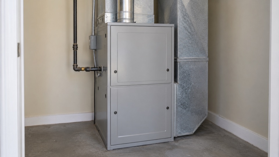 Closed residential gas furnace with venting and an exterior fuel connection
